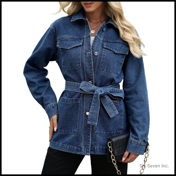 Oversized Denim Jacket Mid Long Classic Trendy With Belt Four Pockets